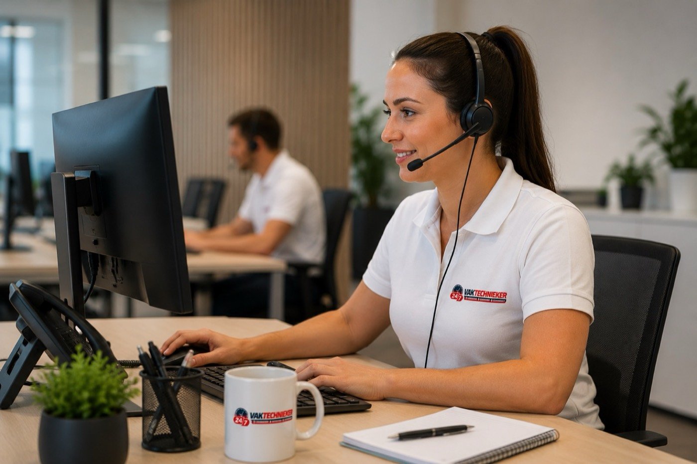 Medewerker van Vaktechnieker Services aan de telefoon