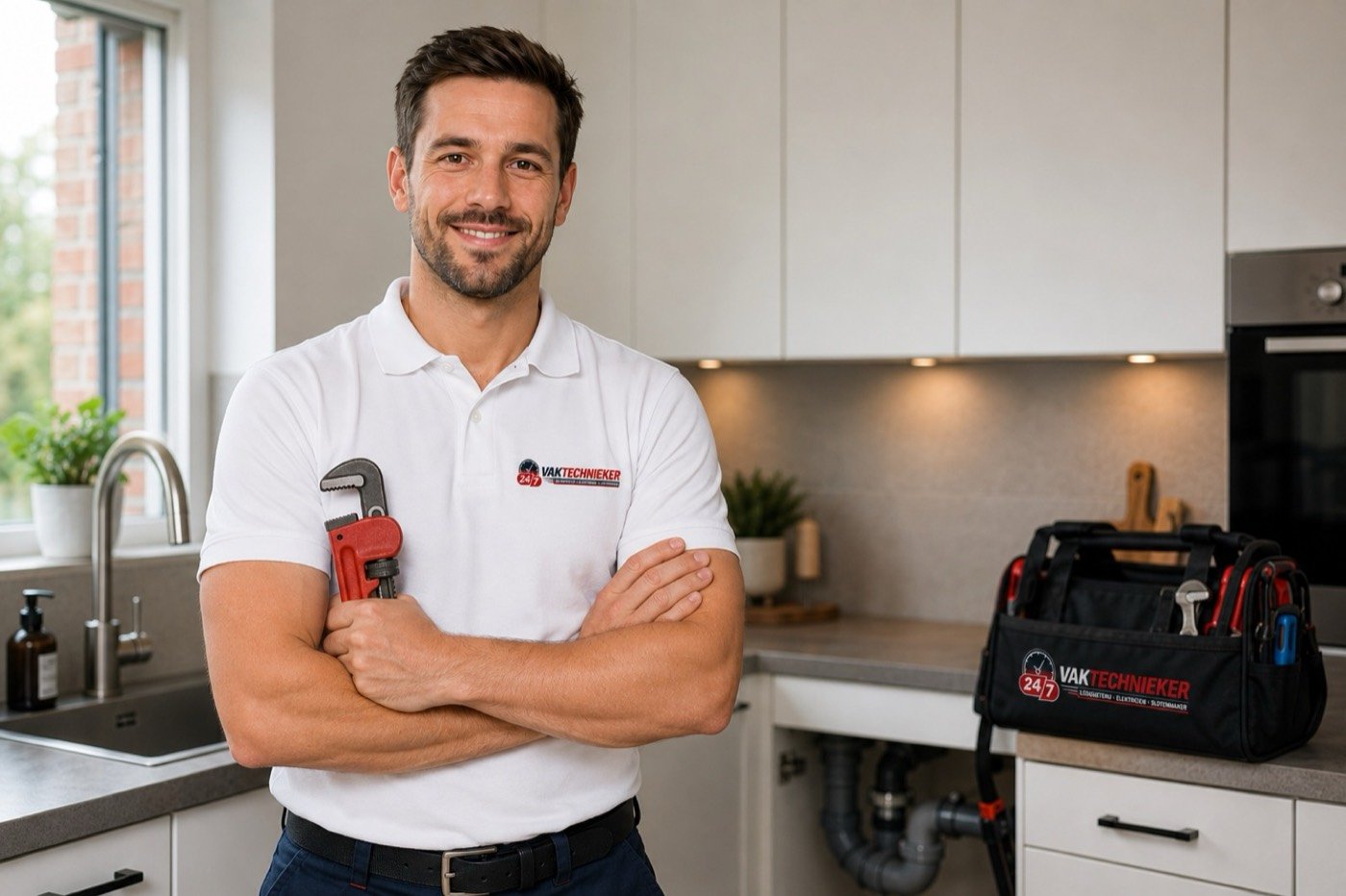 Erkend Vaktechnieker loodgieter met pijptang in een moderne keuken